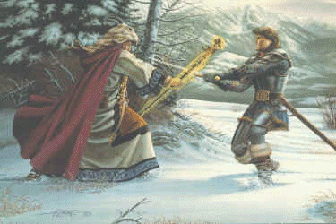 Druid and warrior fighting in the northern lands